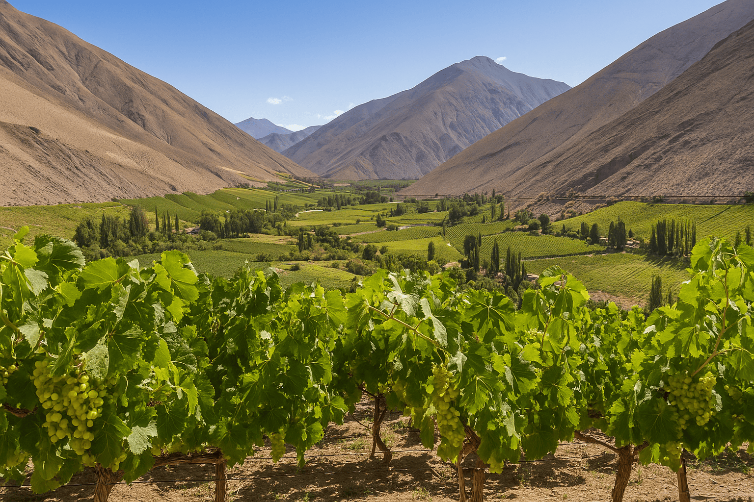 Viñedos del Valle del Elqui en la Región de Coquimbo, rodeados de montañas áridas y cielos despejados, un destino ideal para enoturismo y escapadas en el norte de Chile.
